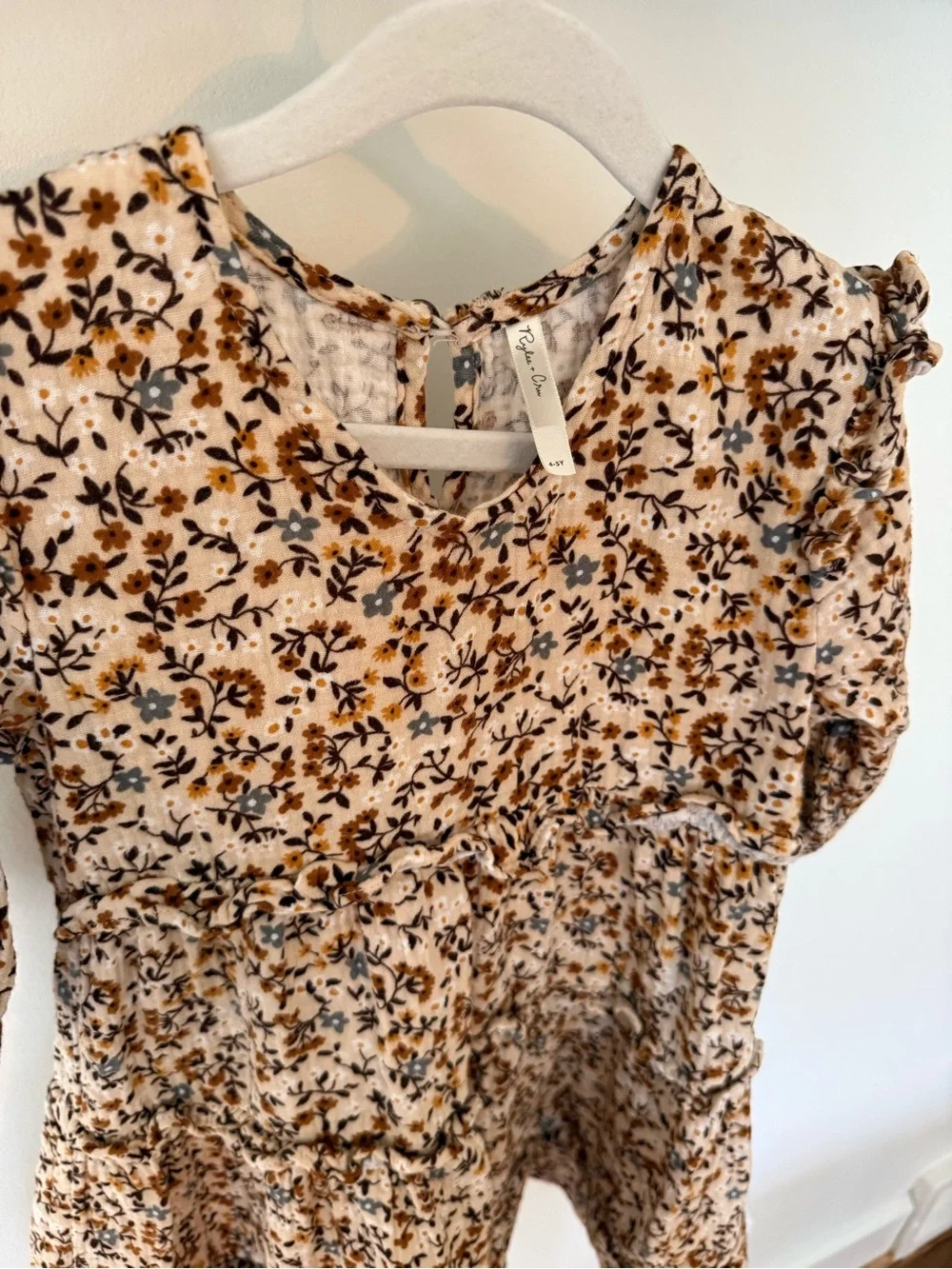 Rylee + Cru Cream Floral Tiered Dress with Mustard and Navy Print